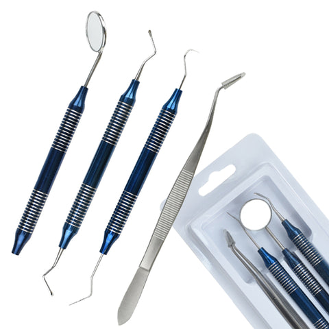 4PCS Dental Oral Cleaning Kit - Stainless Steel Scaler Mirror Explorer Plier Set