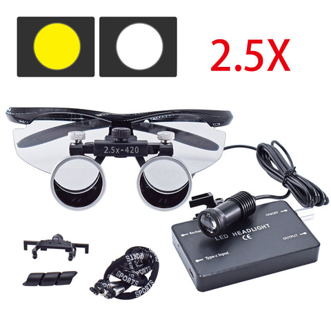 Dental Binocular Loupes 2.5X/3.5X with Wireless LED Headlamp - Ultra-Lightweight Magnifier 320-420mm | 5W Rechargeable
