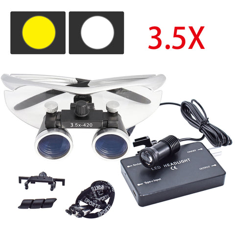 Dental Binocular Loupes 2.5X/3.5X with Wireless LED Headlamp - Ultra-Lightweight Magnifier 320-420mm | 5W Rechargeable