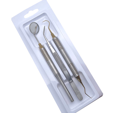 4PCS Dental Oral Cleaning Kit - Stainless Steel Scaler Mirror Explorer Plier Set